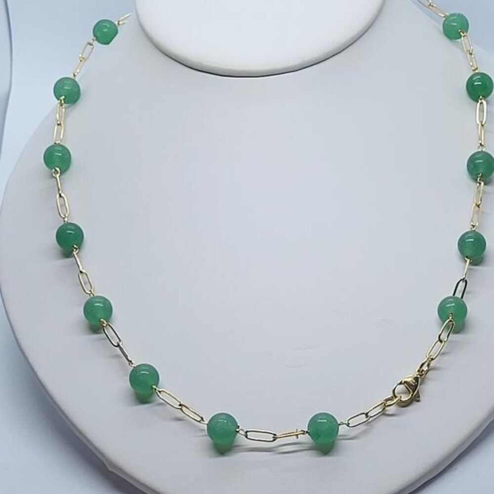 New, Stamped, Green Aventurine Paper Clip Chain Station Necklace,